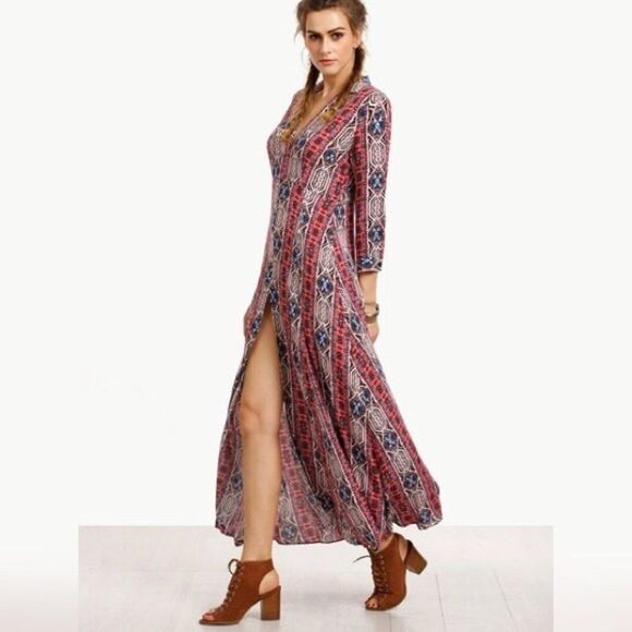 HP 12-25-16Multicolor V Neck Split Side Long Dress - Picture 3 of 4